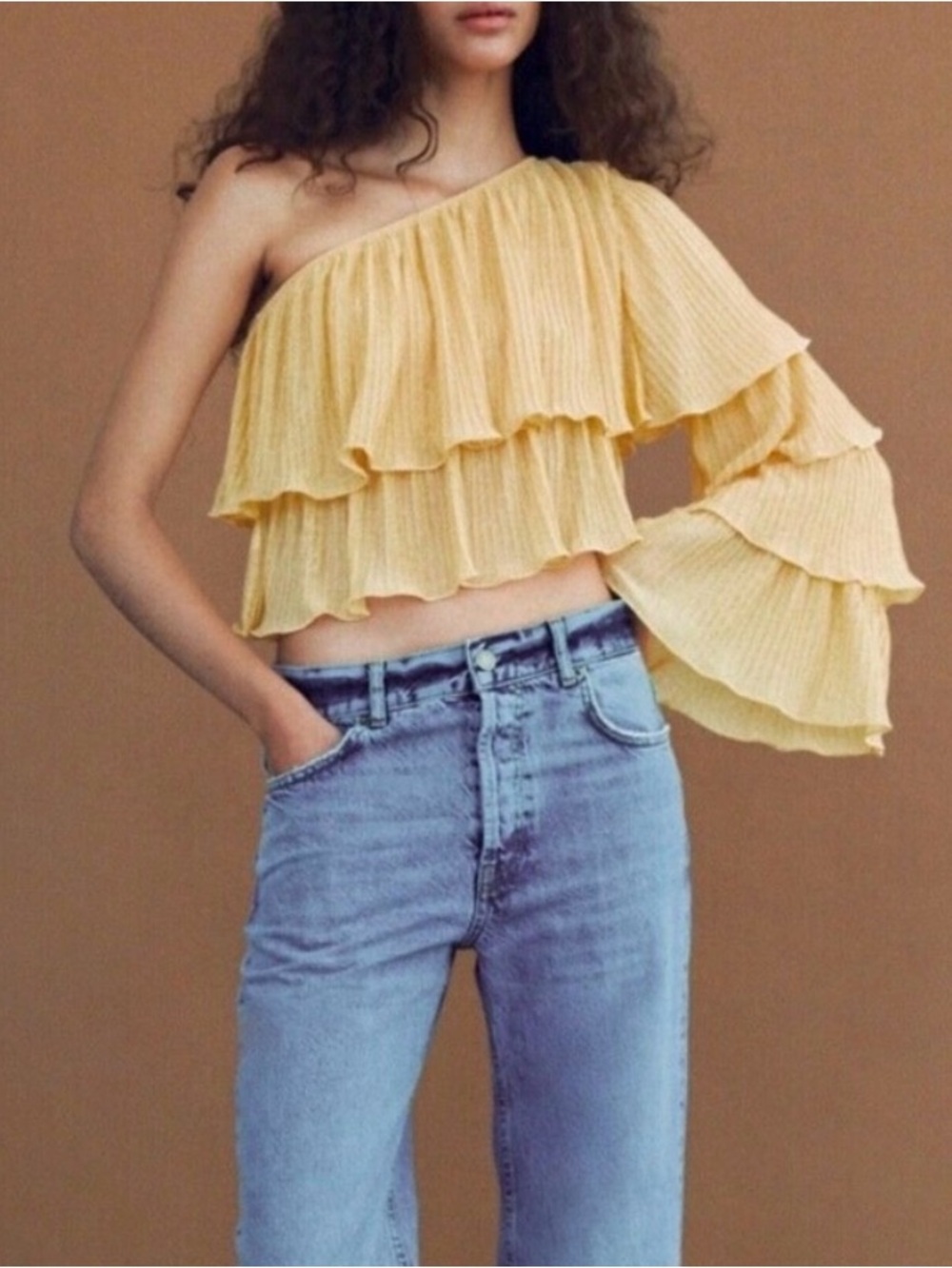 Zara Pleated Yellow Asymmetric One-Shoulder Shirt